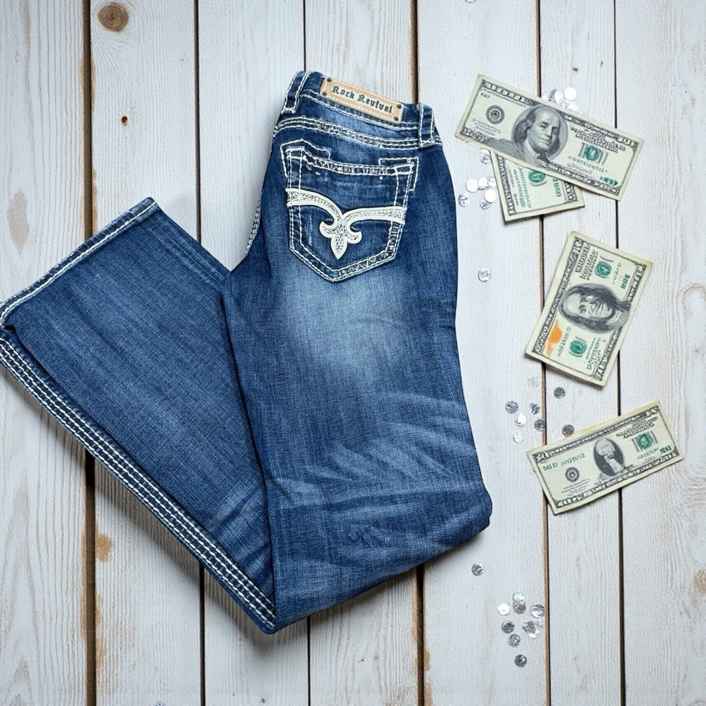 🤑Y2K Rock Revival Jeans Bootcut Thick White Stitching Denim Bling Pockets 27‎